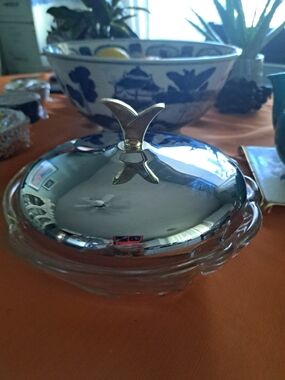 Glass Covered Serving Dish with Silver Lid and Gold Handle